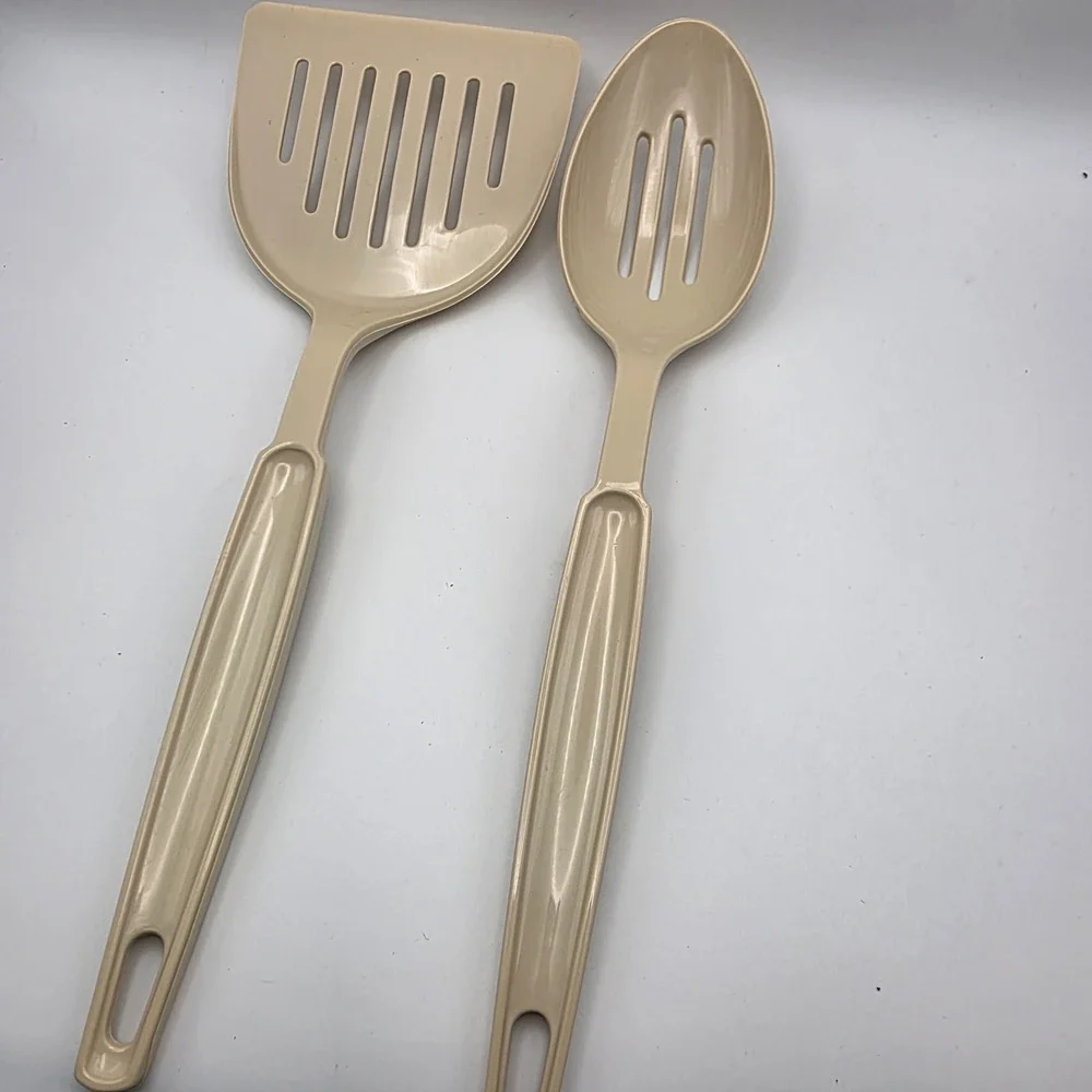 Vintage EKCO Almond Beige Slotted Spatula and Spoon Set USA Made Dishwasher Safe
